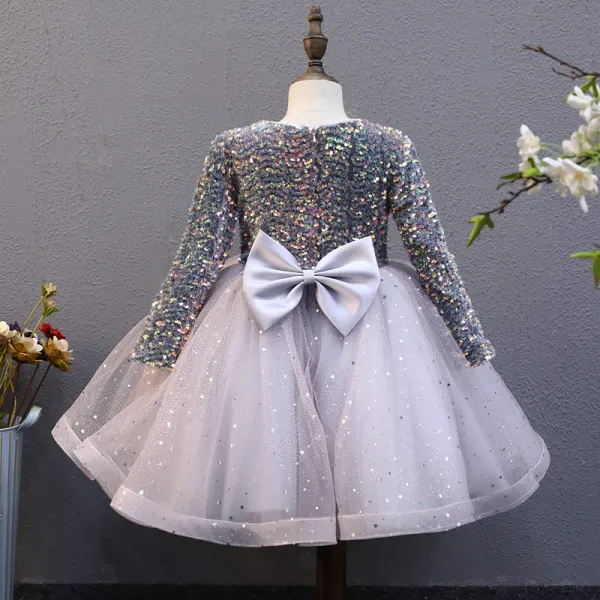 Sparkly Grey Sequins Birthday Flower Girl Dresses 2022 Ball Gown Scoop Neck Long Sleeve Bow Floor-Length / Long Flower Girl Dresses