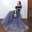 Fashion Navy Blue Suede Rhinestone Prom Dresses 2022 A-Line / Princess Scoop Neck Short Sleeve Backless Floor-Length / Long Formal Dresses