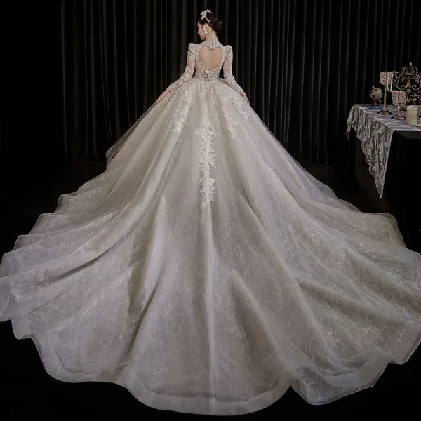 High-end White Beading Pearl Lace Flower Wedding Dresses 2022 Ball Gown High Neck Long Sleeve Backless Floor-Length / Long Wedding
