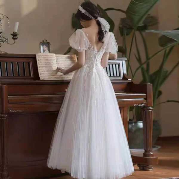 Chic / Belle Blanche Paillettes En Dentelle Fleur Robe De Bal 2022 Princesse Encolure Dégagée Manches Courtes Dos Nu Longue Robe De Ceremonie