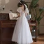 Chic / Belle Blanche Paillettes En Dentelle Fleur Robe De Bal 2022 Princesse Encolure Dégagée Manches Courtes Dos Nu Longue Robe De Ceremonie