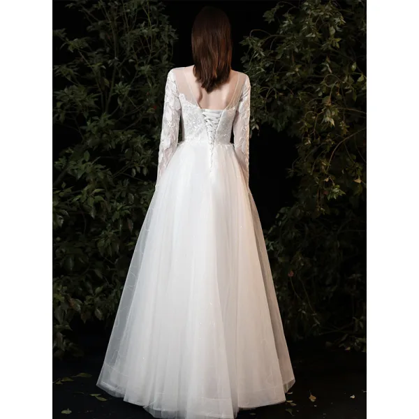 Chic / Beautiful White Lace Flower Prom Dresses 2022 A-Line / Princess Scoop Neck Long Sleeve Backless Floor-Length / Long Formal Dresses