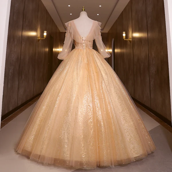 Scintillantes Champagne Glitter Perlage Perle Paillettes Robe De Bal 2022 Robe Boule Encolure Dégagée Manches Longues Dos Nu Longue Robe De Ceremonie