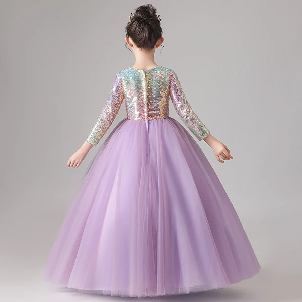 Chic / Beautiful Lilac Gradient-Color Sequins Birthday Flower Girl Dresses 2022 Ball Gown Scoop Neck Long Sleeve Floor-Length / Long Flower Girl Dresses