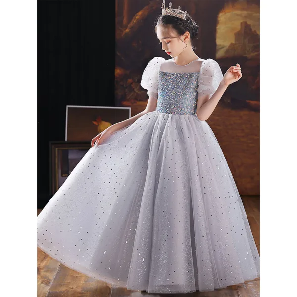 Chic / Beautiful Grey Sequins Birthday Flower Girl Dresses Ball Gown 2022 Scoop Neck Puffy Short Sleeve Floor-Length / Long Flower Girl Dresses
