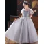 Chic / Beautiful Grey Sequins Birthday Flower Girl Dresses Ball Gown 2022 Scoop Neck Puffy Short Sleeve Floor-Length / Long Flower Girl Dresses