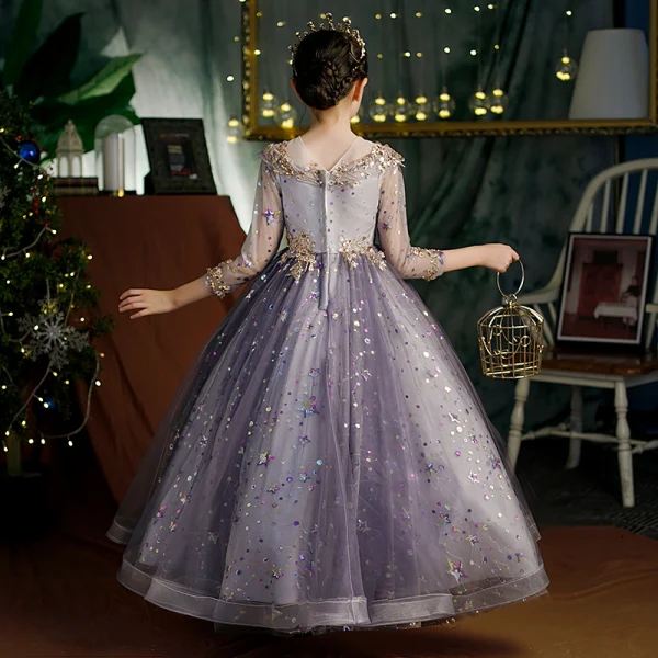 Fashion Grape Beading Pearl Rhinestone Sequins Birthday Flower Girl Dresses 2022 Ball Gown Scoop Neck 1/2 Sleeves Floor-Length / Long Flower Girl Dresses