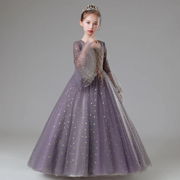 Elegant Lilac Beading Lace Flower Rhinestone Birthday Flower Girl Dresses 2022 Ball Gown Square Neckline Star Sequins Bell sleeves Floor-Length / Long Flower Girl Dresses