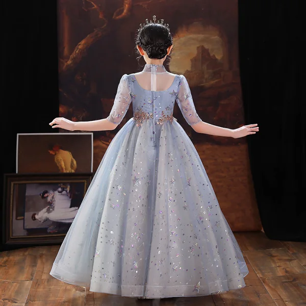 Chic / Beautiful Sky Blue Birthday Flower Girl Dresses 2022 Ball Gown High Neck Beading Sequins 1/2 Sleeves Floor-Length / Long Flower Girl Dresses