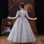Chic / Beautiful Sky Blue Birthday Flower Girl Dresses 2022 Ball Gown High Neck Beading Sequins 1/2 Sleeves Floor-Length / Long Flower Girl Dresses