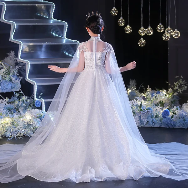 Chic / Beautiful White Beading Pearl Sequins Rhinestone Birthday Flower Girl Dresses 2022 Ball Gown High Neck Short Sleeve Chapel Train Flower Girl Dresses