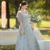 Modest / Simple Grey Butterfly Bridesmaid Dresses 2022 A-Line / Princess Square Neckline Short Sleeve Backless Floor-Length / Long Wedding Party Dresses