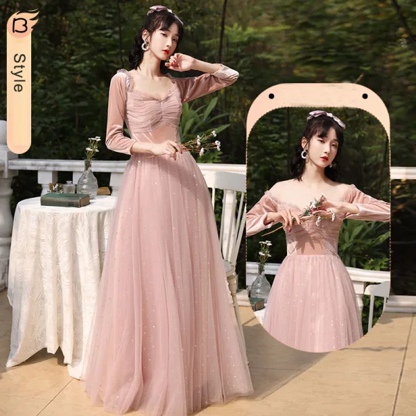 Chic / Beautiful Dusky Pink Suede Bridesmaid Dresses 2022 A-Line / Princess Pearl Sequins Long Sleeve Backless Floor-Length / Long Wedding Party Dresses