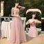 Chic / Beautiful Dusky Pink Suede Bridesmaid Dresses 2022 A-Line / Princess Pearl Sequins Long Sleeve Backless Floor-Length / Long Wedding Party Dresses