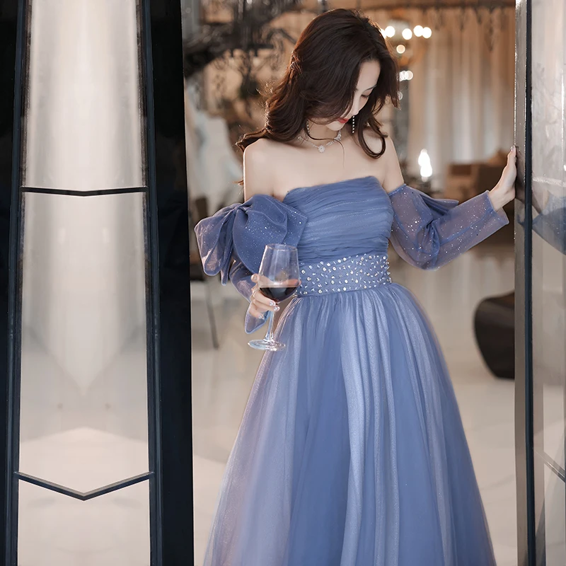 Chic Beautiful Sky Blue Prom Dresses 2022 A Line Princess Strapless Bow  Short Sleeve Sequins Backless Floor Length Long Formal Dresses