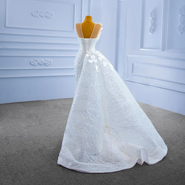 Stunning Luxury / Gorgeous White Beading Pearl Sequins Lace Flower Wedding Dresses 2022 Trumpet / Mermaid Scoop Neck Appliques Sleeveless Backless