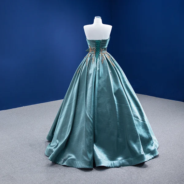 High-end Jade Green Prom Dresses 2022 Ball Gown Bow Strapless Sleeveless Backless Beading Floor-Length / Long Formal Dresses
