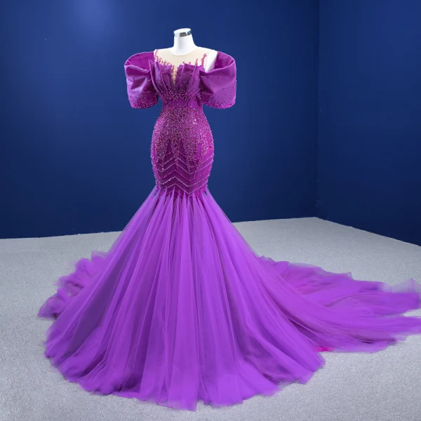 High-end Fuchsia Beading Pearl Sequins Prom Dresses 2022 Trumpet / Mermaid Scoop Neck Puffy Short Sleeve Chapel Train Formal Dresses