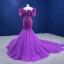 High-end Fuchsia Beading Pearl Sequins Prom Dresses 2022 Trumpet / Mermaid Scoop Neck Puffy Short Sleeve Chapel Train Formal Dresses
