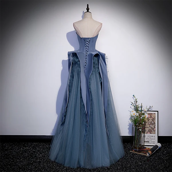Chic / Beautiful Ocean Blue Cascading Ruffles Prom Dresses 2022 A-Line / Princess Strapless Sleeveless Backless Floor-Length / Long Formal Dresses
