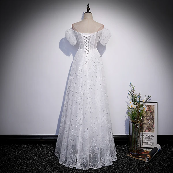 Chic / Beautiful White Sequins Lace Flower Prom Dresses 2022 A-Line / Princess Off-The-Shoulder Short Sleeve Backless Floor-Length / Long Formal Dresses