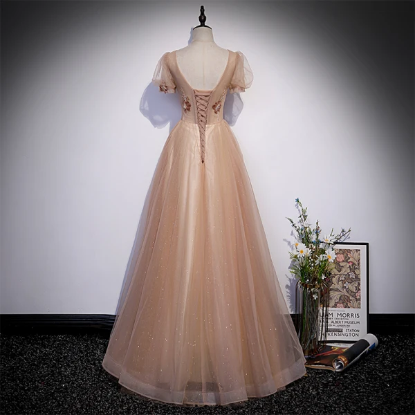 Chic / Belle Champagne Robe De Bal 2022 Princesse Encolure Carrée Perlage Paillettes Manches Courtes Dos Nu Longue Robe De Ceremonie