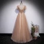 Chic / Belle Champagne Robe De Bal 2022 Princesse Encolure Carrée Perlage Paillettes Manches Courtes Dos Nu Longue Robe De Ceremonie