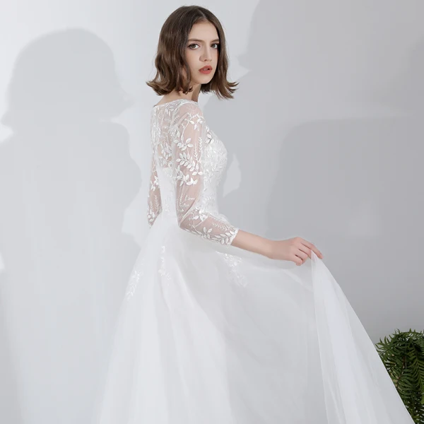 Modest / Simple White Lace Flower Light Wedding Dresses 2022 A-Line / Princess Scoop Neck 3/4 Sleeve Floor-Length / Long Wedding