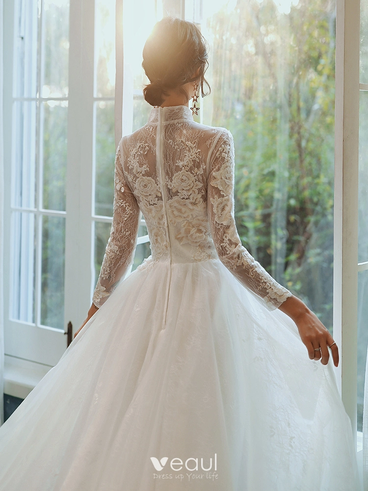 Vintage Originale Ivoire En Dentelle Fleur Perle Robe De Mariee 2022 Princesse Col Haut Manches Longues Longue Mariage