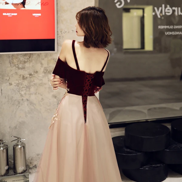 Chic / Belle Bordeaux Daim Robe De Bal 2022 Princesse Bretelles Spaghetti Manches Courtes Dos Nu Appliques Longue Robe De Ceremonie