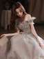 Charming Silver Prom Dresses 2022 A-Line / Princess Off-The-Shoulder Short Sleeve Backless Floor-Length / Long Formal Dresses