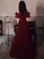 Elegant Burgundy Pleated Prom Dresses 2022 A-Line / Princess Off-The-Shoulder Short Sleeve Backless Floor-Length / Long Prom Formal Dresses