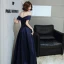 Chic / Beautiful Navy Blue Glitter Satin Prom Dresses 2022 A-Line / Princess Off-The-Shoulder Short Sleeve Backless Floor-Length / Long Formal Dresses