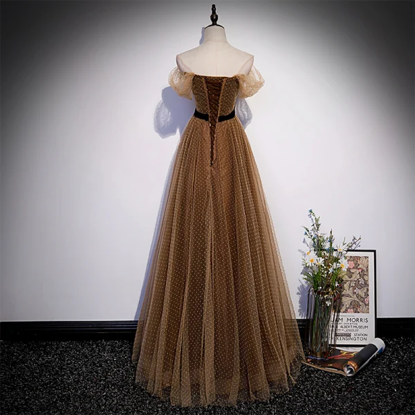 Chic / Beautiful Champagne Spotted Prom Dresses 2022 A-Line / Princess Off-The-Shoulder Short Sleeve Backless Bow Floor-Length / Long Formal Dresses