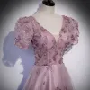 Elegant Lavender Prom Dresses 2022 A-Line / Princess V-Neck Beading Appliques Sequins Short Sleeve Backless Floor-Length / Long Formal Dresses