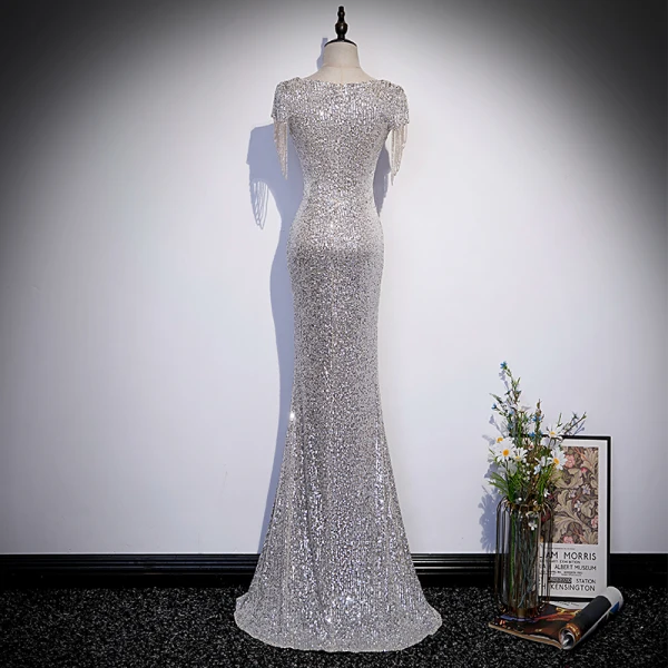 Sparkly Silver Sequins Evening Dresses 2022 Trumpet Mermaid V-Neck Short Sleeve Backless Sparkly Silver Sequins Evening Dresses 2022 Trumpet Mermaid V-Neck Short Sleeve Backless