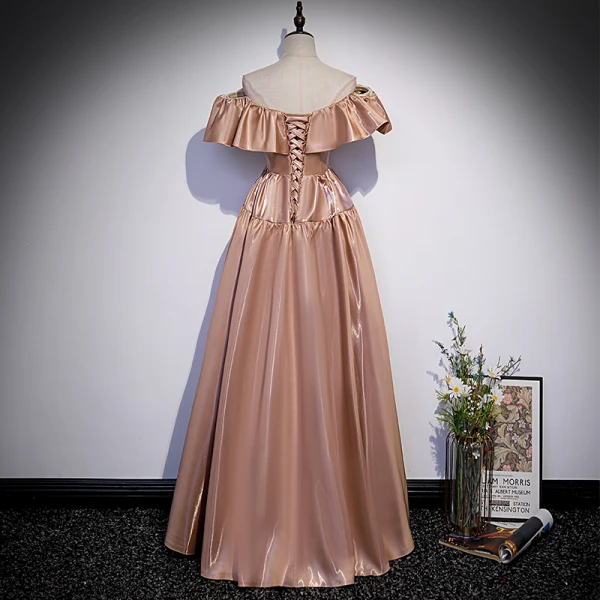 Chic / Beautiful Champagne Satin Prom Dresses 2022 A-Line / Princess Off-The-Shoulder Short Sleeve Backless Floor-Length / Long Formal Dresses