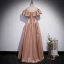 Chic / Beautiful Champagne Satin Prom Dresses 2022 A-Line / Princess Off-The-Shoulder Short Sleeve Backless Floor-Length / Long Formal Dresses