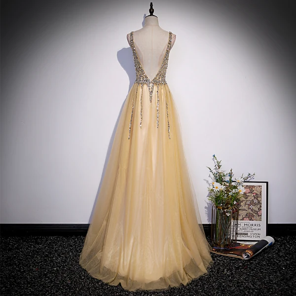 Chic / Beautiful Yellow Beading Sequins Prom Dresses 2022 A-Line / Princess V-Neck Sleeveless Backless Floor-Length / Long Formal Dresses