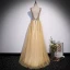 Chic / Beautiful Yellow Beading Sequins Prom Dresses 2022 A-Line / Princess V-Neck Sleeveless Backless Floor-Length / Long Formal Dresses