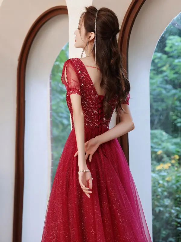 Sparkly Burgundy Glitter Prom Dresses 2022 A-Line / Princess V-Neck Short Sleeve Backless Rhinestone Floor-Length / Long Formal Dresses