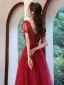 Sparkly Burgundy Glitter Prom Dresses 2022 A-Line / Princess V-Neck Short Sleeve Backless Rhinestone Floor-Length / Long Formal Dresses