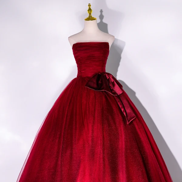 Elegant Burgundy Prom Dresses 2022 Ball Gown Strapless Sleeveless Backless Bow Floor-Length / Long Formal Dresses