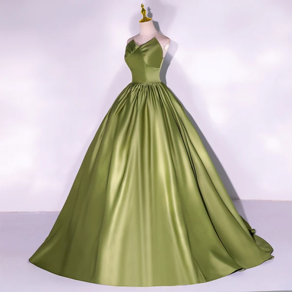 Vintage / Retro Clover Green Satin Prom Dresses 2022 Ball Gown Strapless Sleeveless Backless Sweep Train Formal Dresses