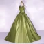 Vintage / Retro Clover Green Satin Prom Dresses 2022 Ball Gown Strapless Sleeveless Backless Sweep Train Formal Dresses