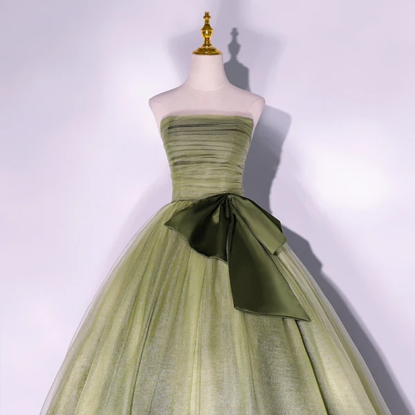 Elegant Sage Green Prom Dresses 2022 Ball Gown Strapless Sleeveless Backless Bow Floor-Length / Long Formal Dresses