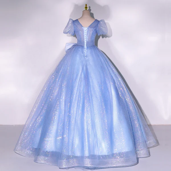 Elegant Glitter Sky Blue Sequins Prom Dresses 2022 Ball Gown Scoop Neck Short Sleeve Backless Bow Floor-Length / Long Formal Dresses