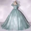 Elegant Ocean Blue Prom Dresses 2022 Ball Gown Square Neckline Puffy Short Sleeve Backless Floor-Length / Long Formal Dresses