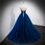 Elegant Royal Blue Suede Prom Dresses 2022 A-Line / Princess Strapless Sleeveless Backless Sweep Train Formal Dresses