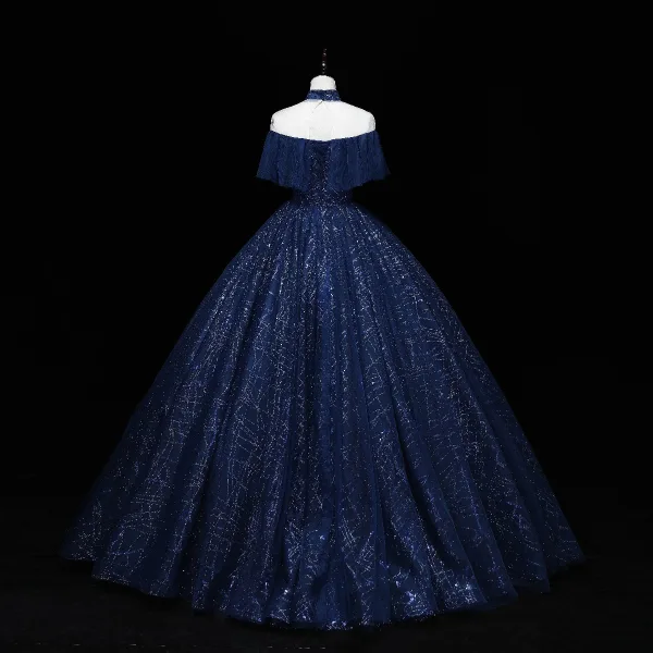 Vintage / Retro Navy Blue Prom Dresses 2022 Ball Gown High Neck Glitter Beading Sequins Lace Flower Short Sleeve Backless Floor-Length / Long Formal Dresses
